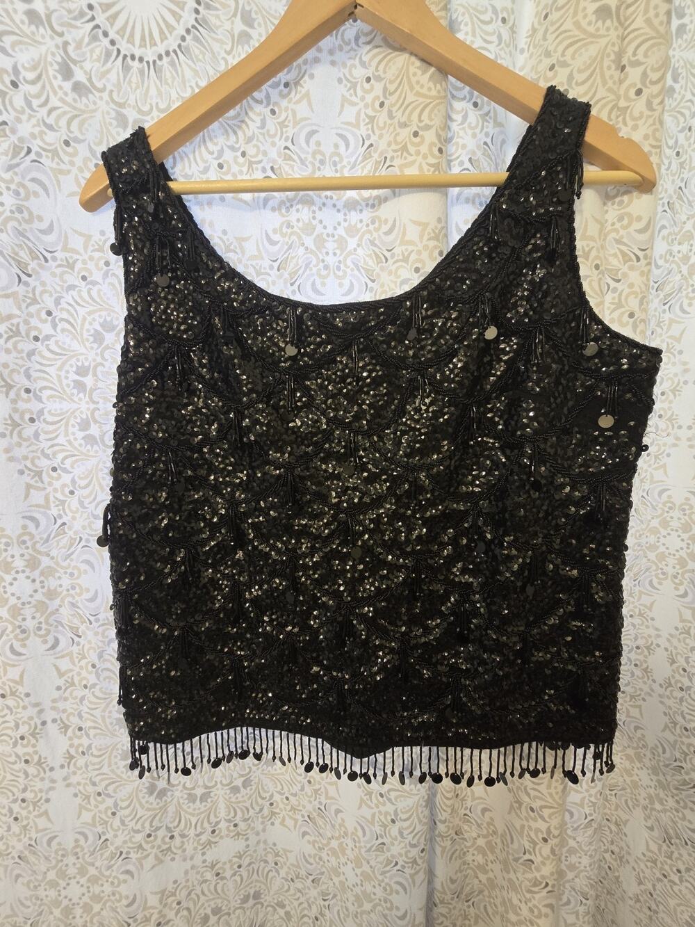 Vintage Black Sequin Tank Beaded Fringe Wool Top evening Womens Size S Hong Kong